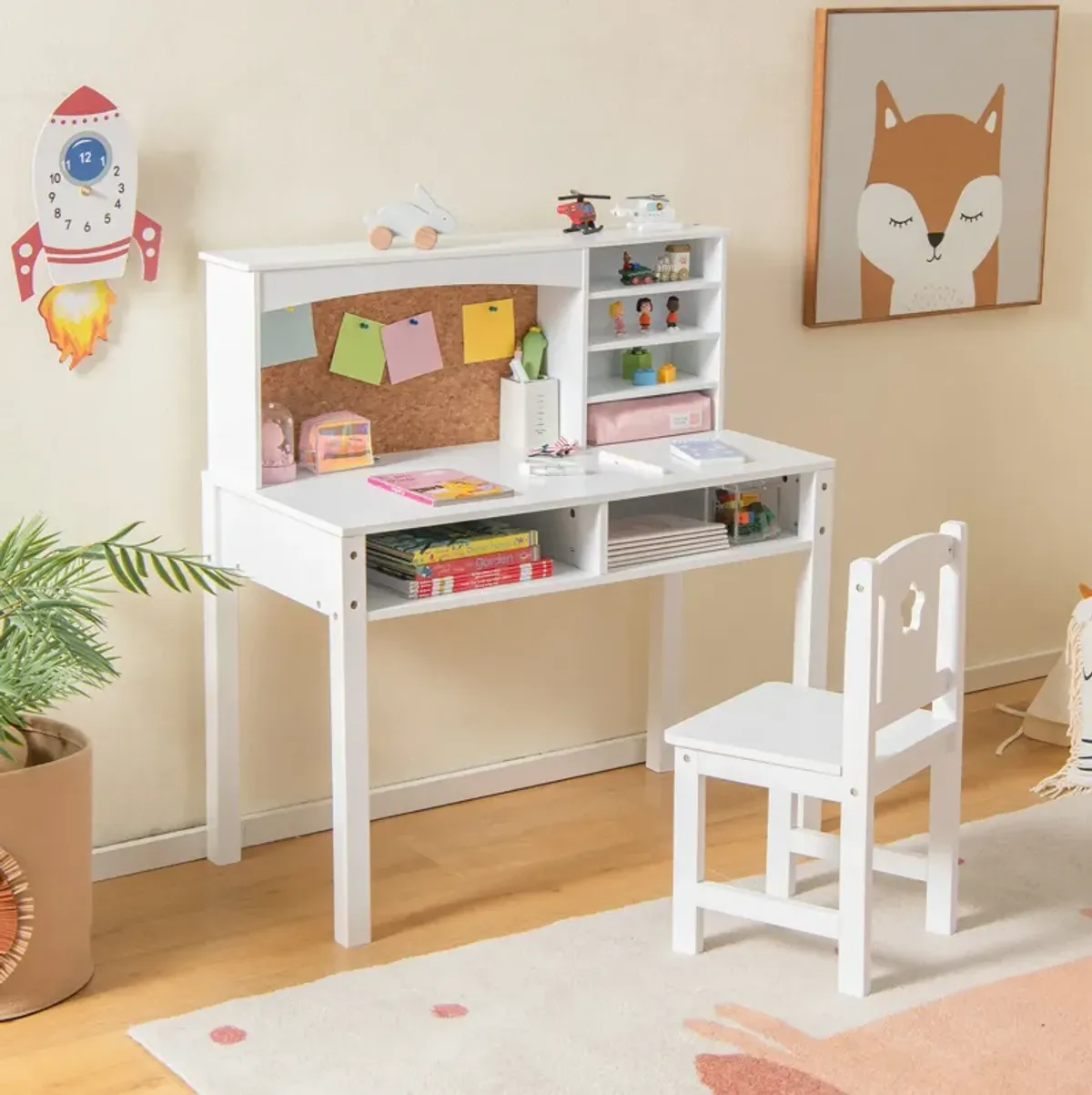 Kids Desk and Chair Set with Hutch and Bulletin Board for 3+ Kids