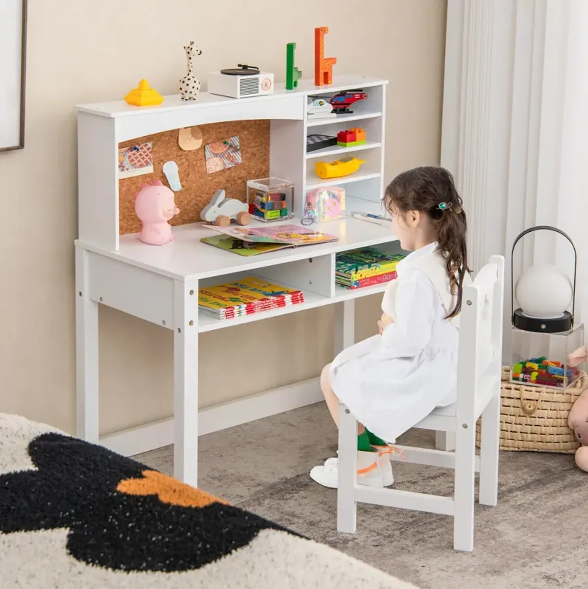 Kids Desk and Chair Set with Hutch and Bulletin Board for 3+ Kids