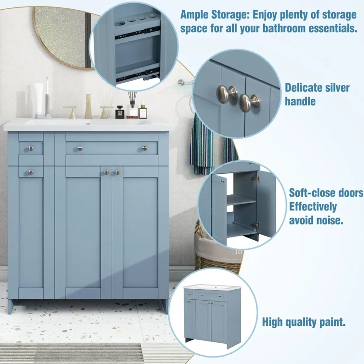 Gewnee Modern 30-Inch Bathroom Vanity Cabinet with Sink