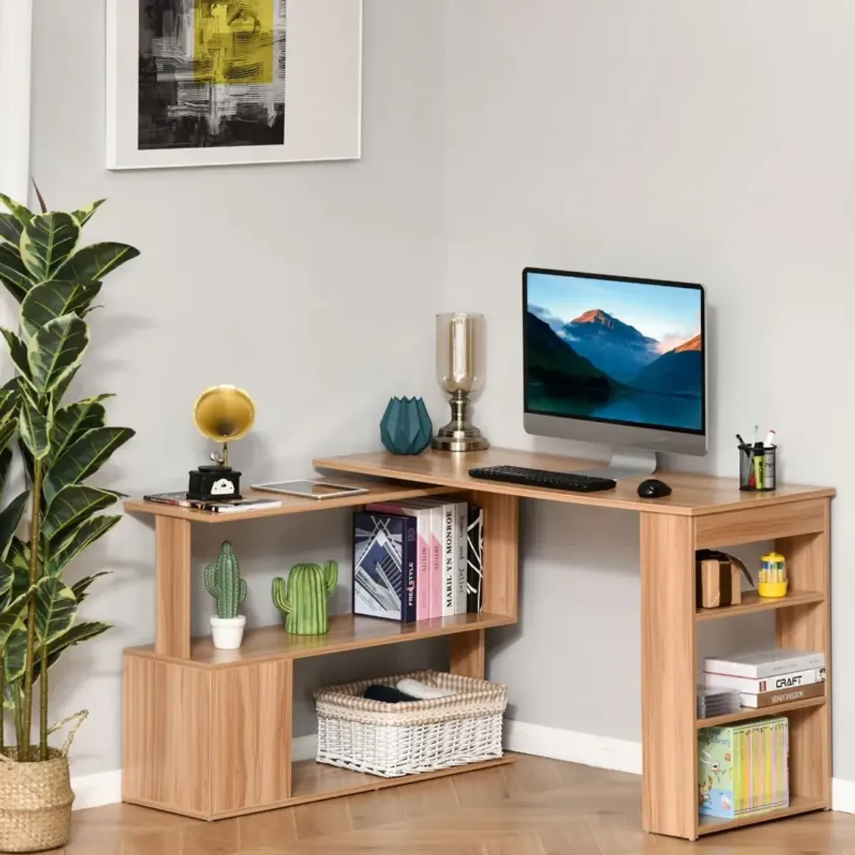 Maple Productivity Center: 360° Rotating L-Shaped Desk with Shelves