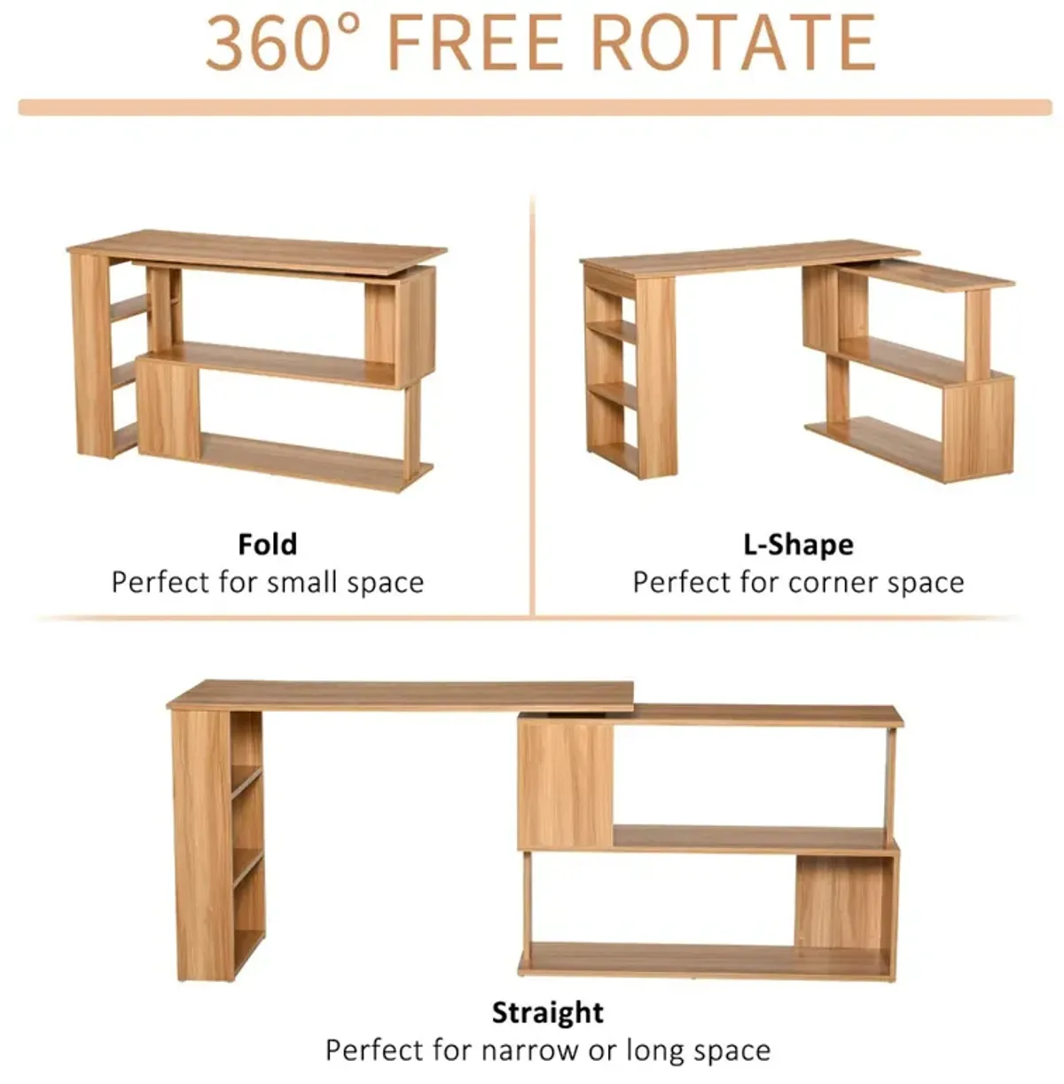 Maple Productivity Center: 360° Rotating L-Shaped Desk with Shelves