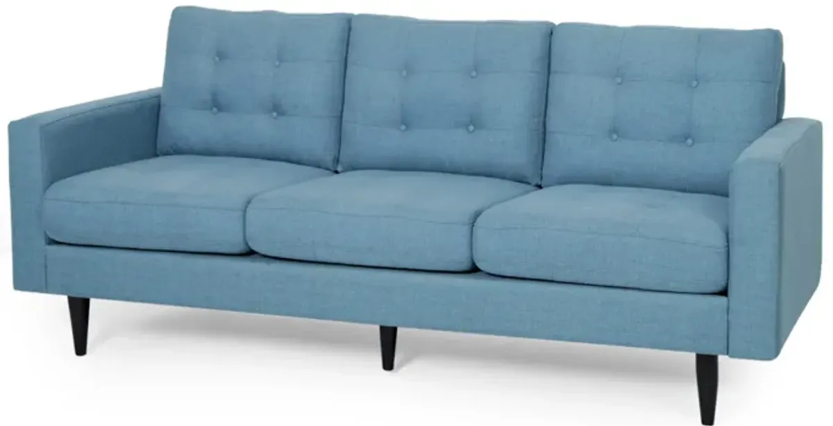 Apex Sofa, 3 Seater, 83 Inch, Button Tufted, Light Blue Fabric, Black - Benzara