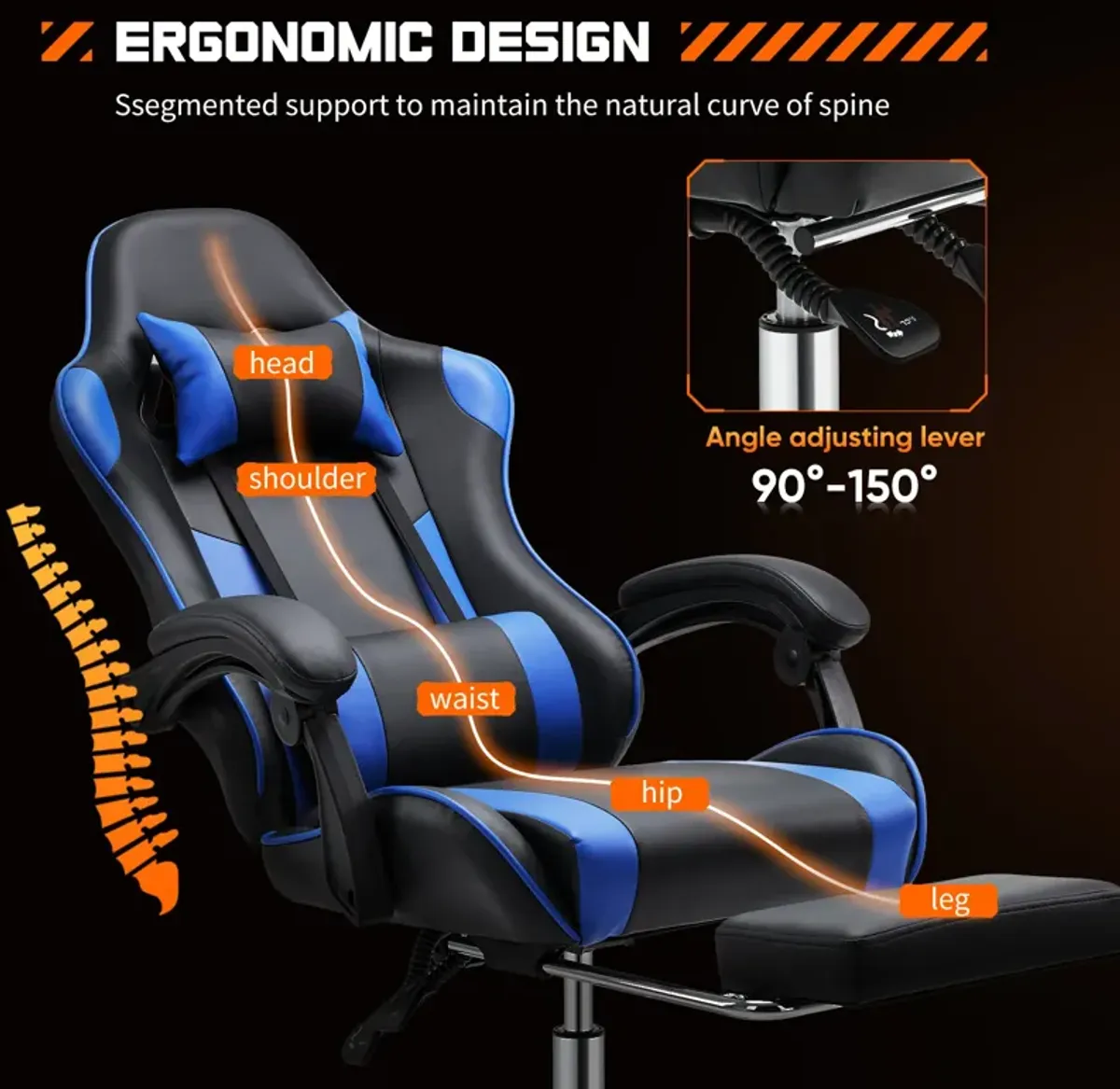 Video Game Desk Chair - Ergonomic Computer with Footrest and Comfy Lumbar Support, PU Leather Recliner with Headrest, Fixed Up Armrest, Height Adjustable with 360° Swivel, for Adults