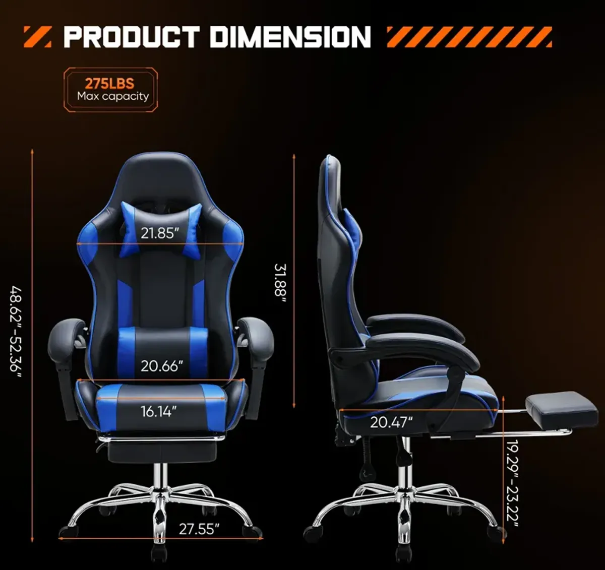 Video Game Desk Chair - Ergonomic Computer with Footrest and Comfy Lumbar Support, PU Leather Recliner with Headrest, Fixed Up Armrest, Height Adjustable with 360° Swivel, for Adults