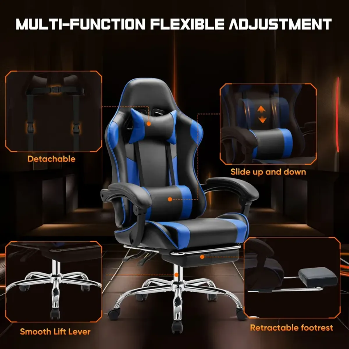 Video Game Desk Chair - Ergonomic Computer with Footrest and Comfy Lumbar Support, PU Leather Recliner with Headrest, Fixed Up Armrest, Height Adjustable with 360° Swivel, for Adults