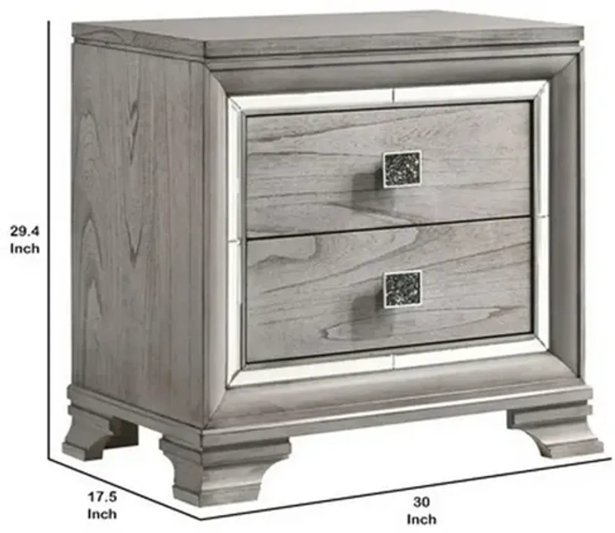 2 Drawer Nightstand with Mirror Accent and Bracket Feet, Light Gray-Benzara