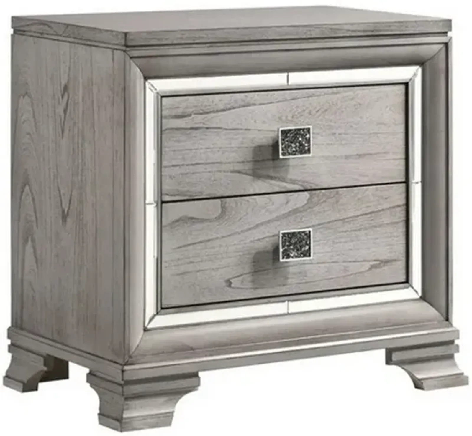 2 Drawer Nightstand with Mirror Accent and Bracket Feet, Light Gray-Benzara