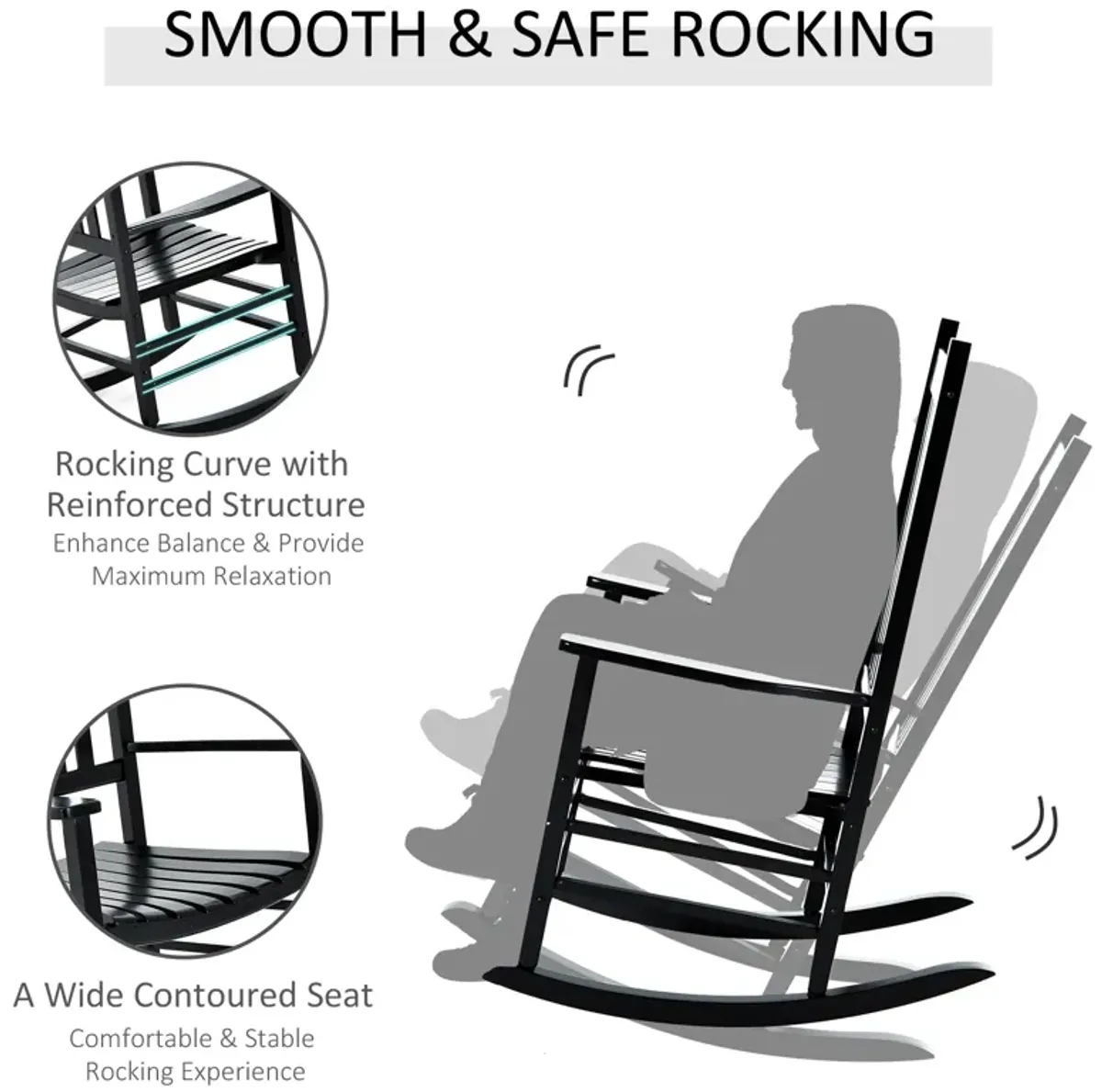 Outsunny Outdoor Rocking Chair, Wooden Rocking Patio Chairs with Rustic High Back, Slatted Seat and Backrest for Indoor, Backyard, Garden, Black