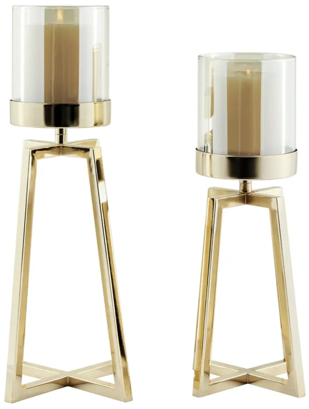 Maeve Tinted Glass Warm Gold Pedestal Hurricane Candle Holders - Set of 2