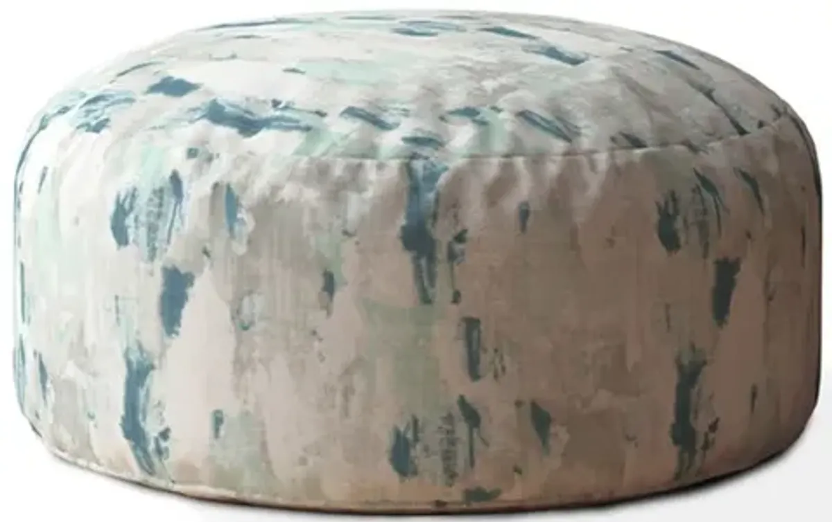 Homezia 24" Blue And White Canvas Round Abstract Pouf Ottoman