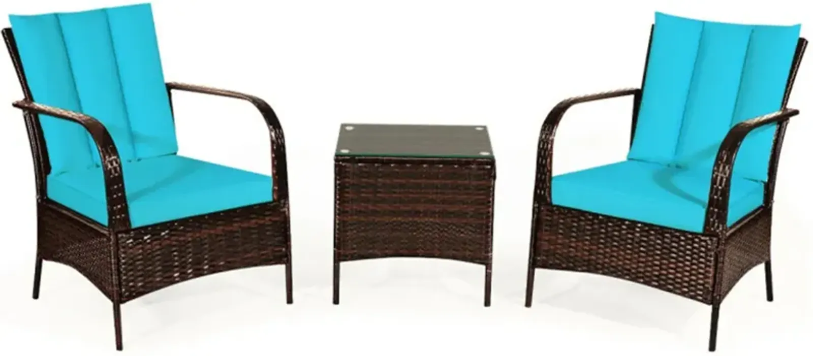 3 Pieces Patio Rattan Conversation Set with Glass Top Coffee Table and Cushions