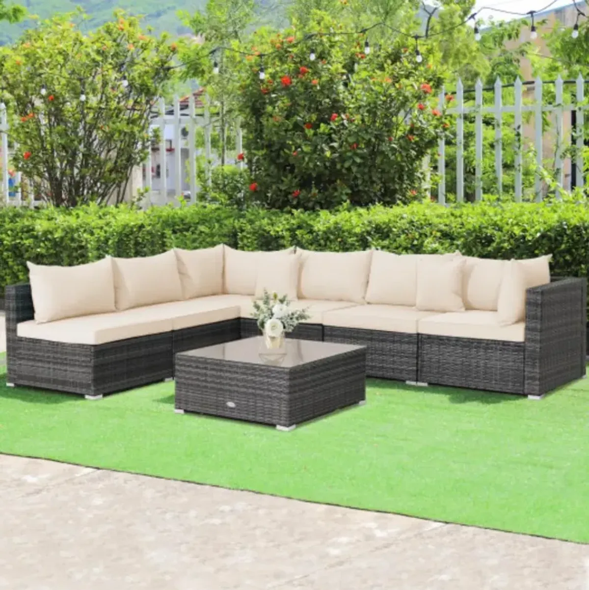 7 Pieces Patio Rattan Furniture Set with Sectional Sofa Cushioned