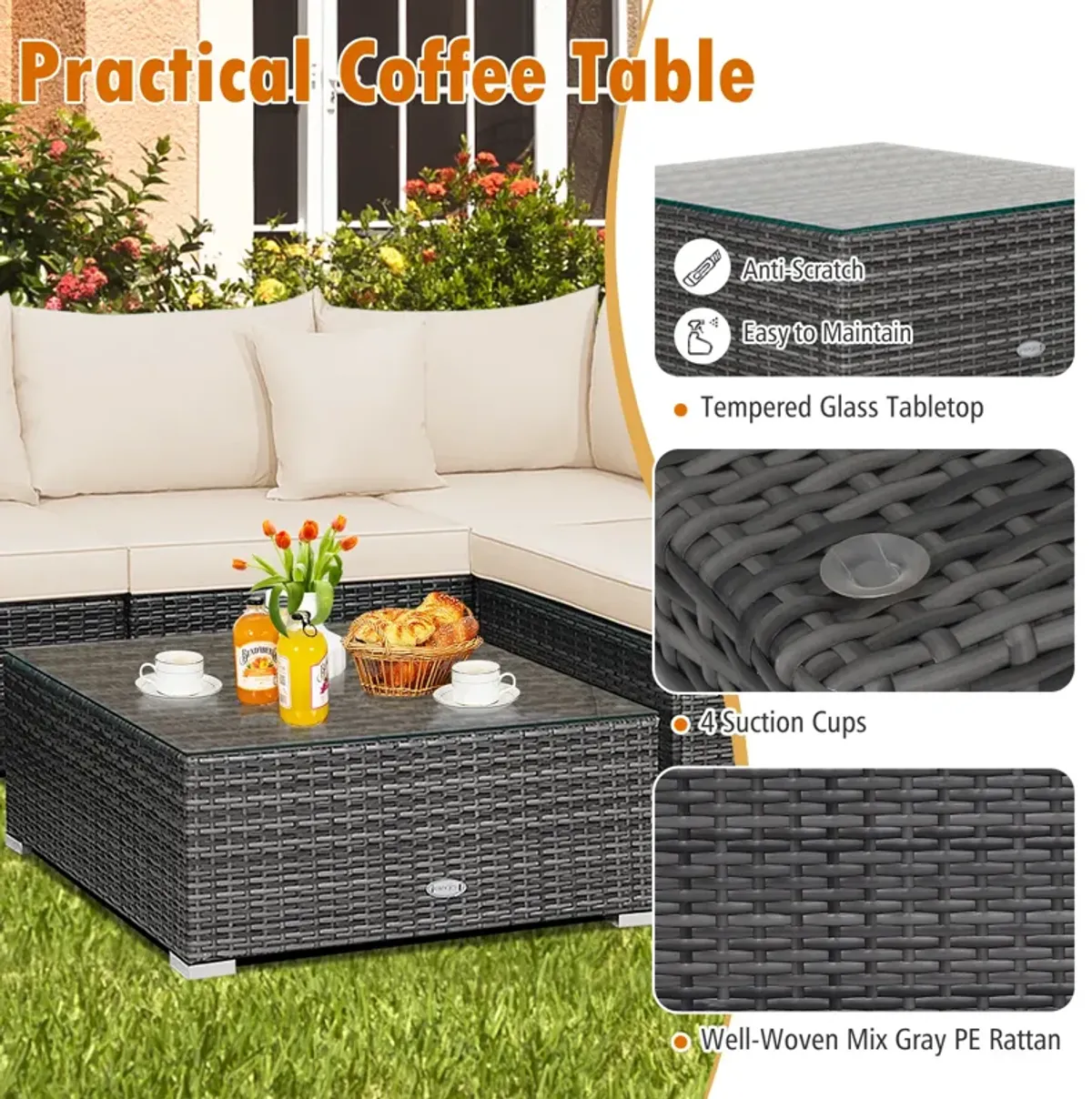 7 Pieces Patio Rattan Furniture Set with Sectional Sofa Cushioned