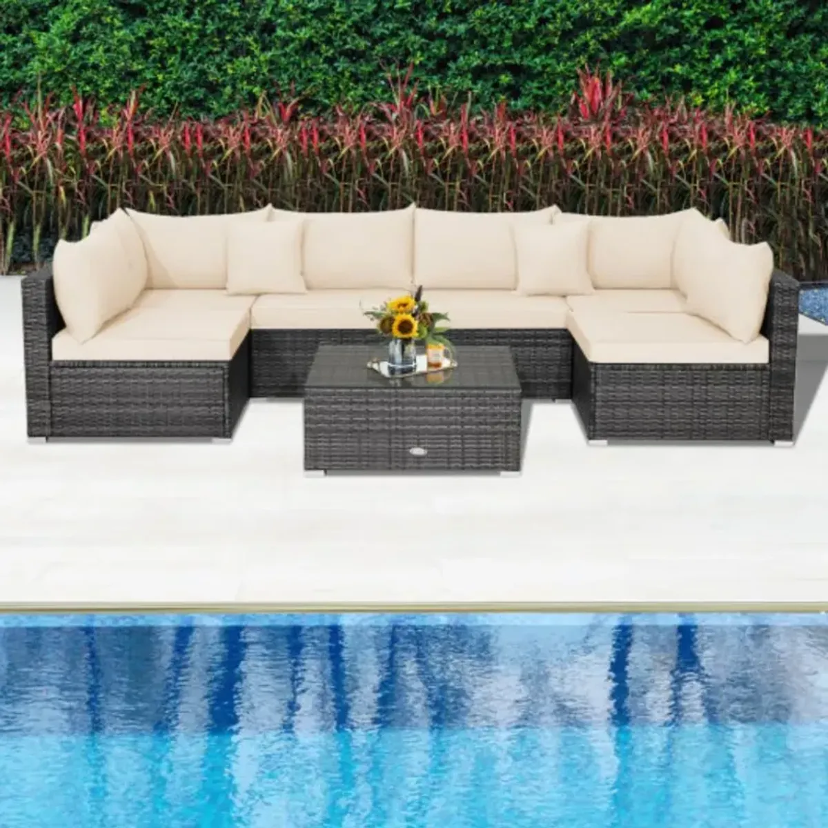 7 Pieces Patio Rattan Furniture Set with Sectional Sofa Cushioned