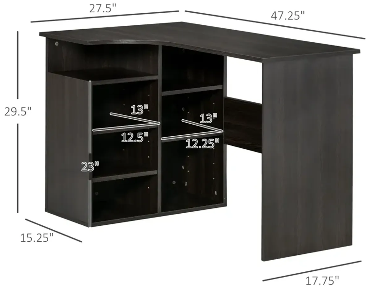 Black Wood Home Office: L-Shaped Corner Desk with Storage Shelf