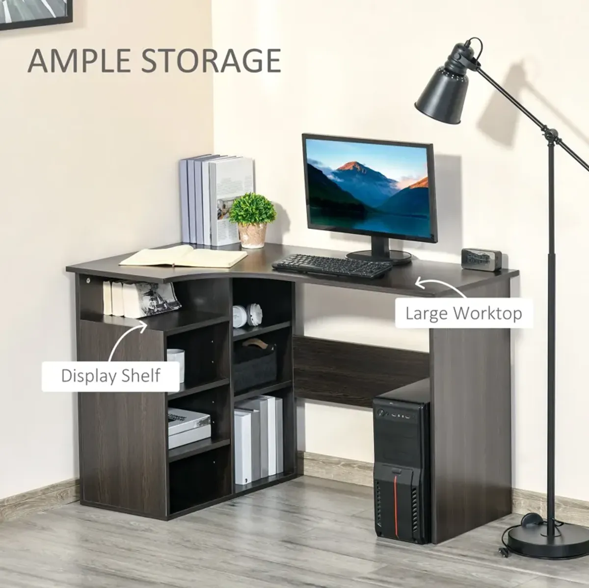 Black Wood Home Office: L-Shaped Corner Desk with Storage Shelf