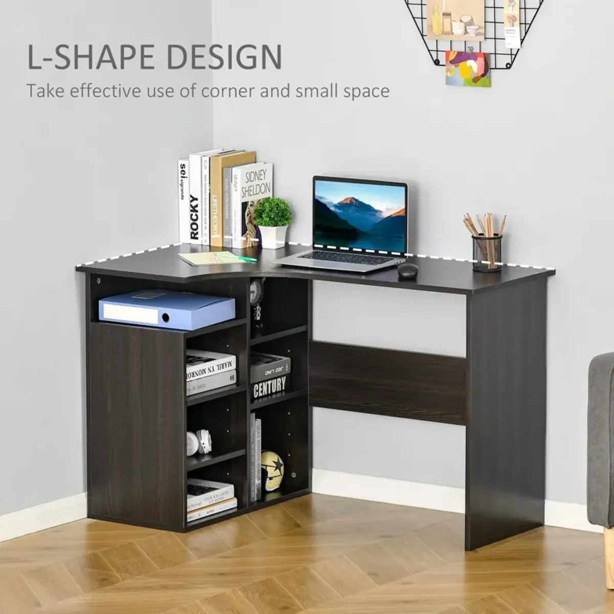 Black Wood Home Office: L-Shaped Corner Desk with Storage Shelf