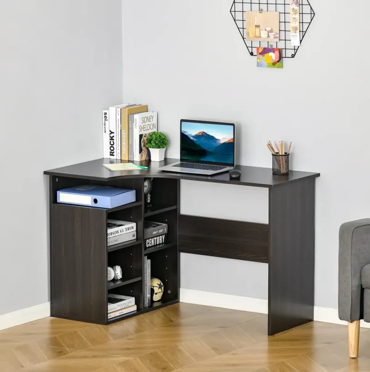 Black Wood Home Office: L-Shaped Corner Desk with Storage Shelf