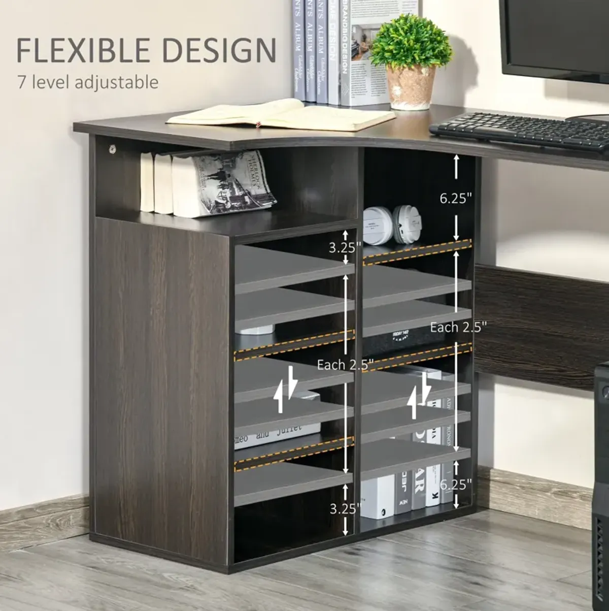 Black Wood Home Office: L-Shaped Corner Desk with Storage Shelf