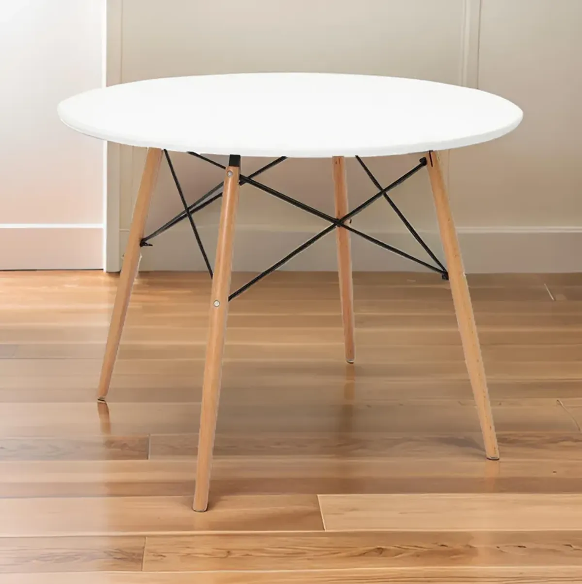 Riha 36 Inch Dining Accent Table, Round Top, Beech Wood, White and Brown - Benzara