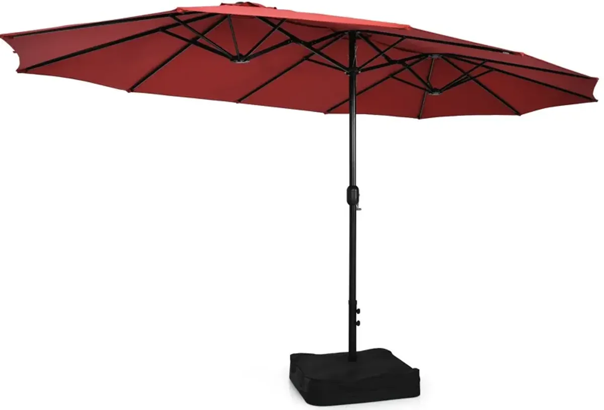 15-Foot Double-Sided Twin Patio Umbrella with Crank Handle and Base