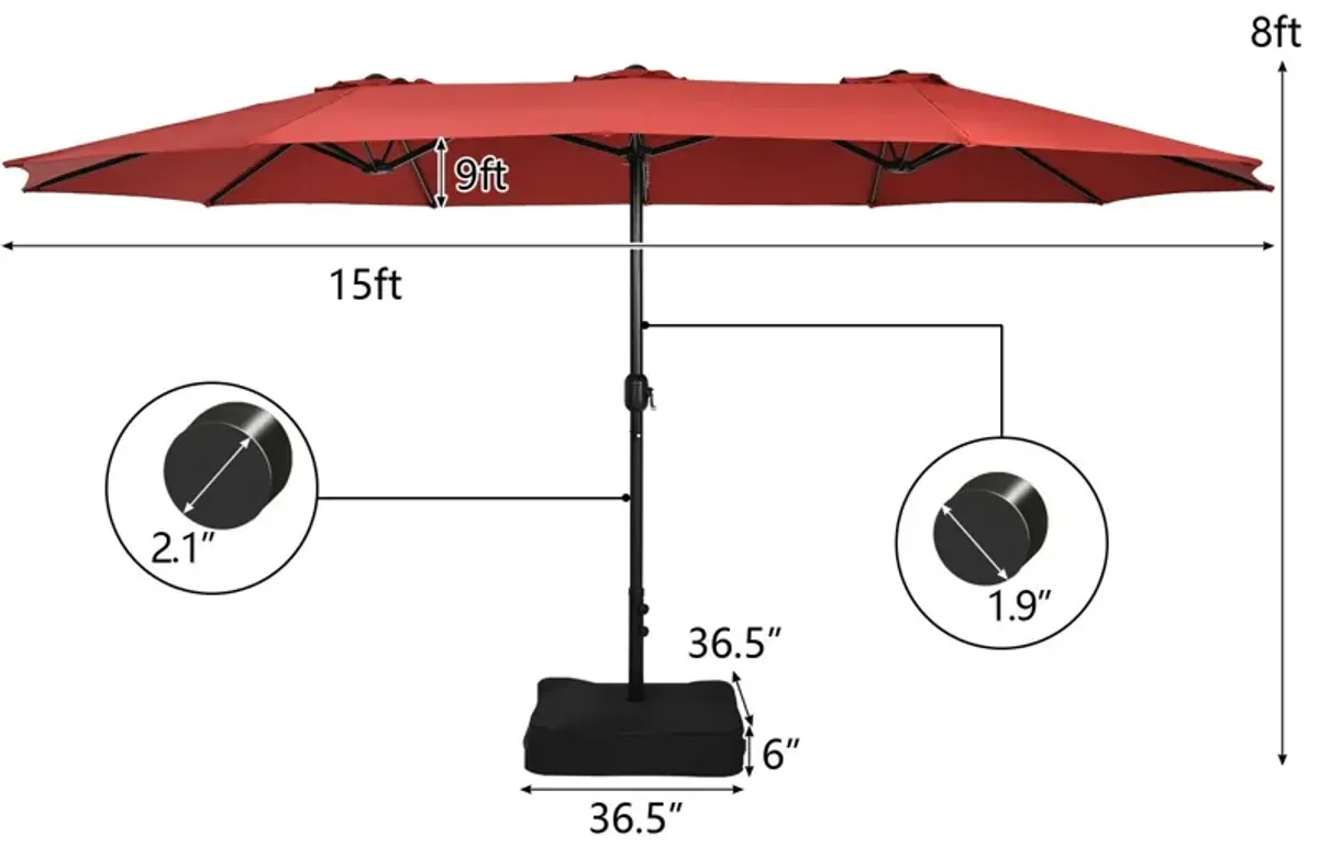 15-Foot Double-Sided Twin Patio Umbrella with Crank Handle and Base