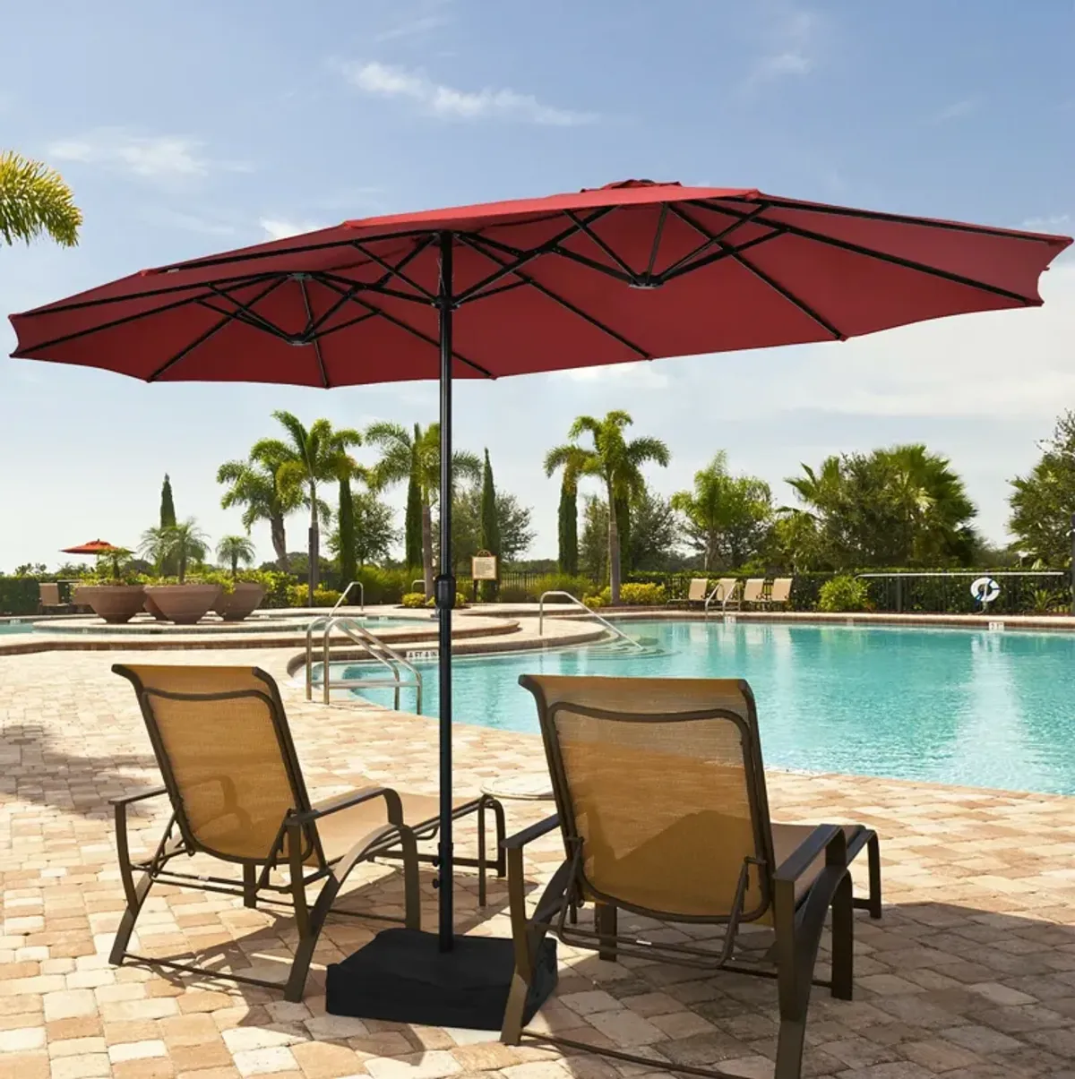 15-Foot Double-Sided Twin Patio Umbrella with Crank Handle and Base