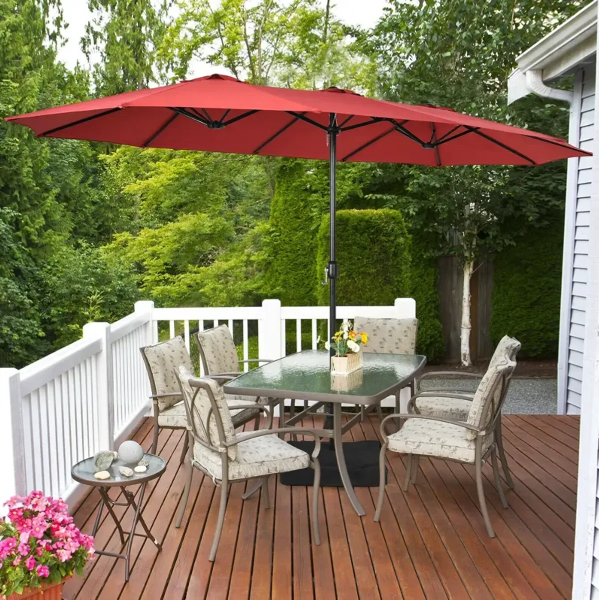 15-Foot Double-Sided Twin Patio Umbrella with Crank Handle and Base