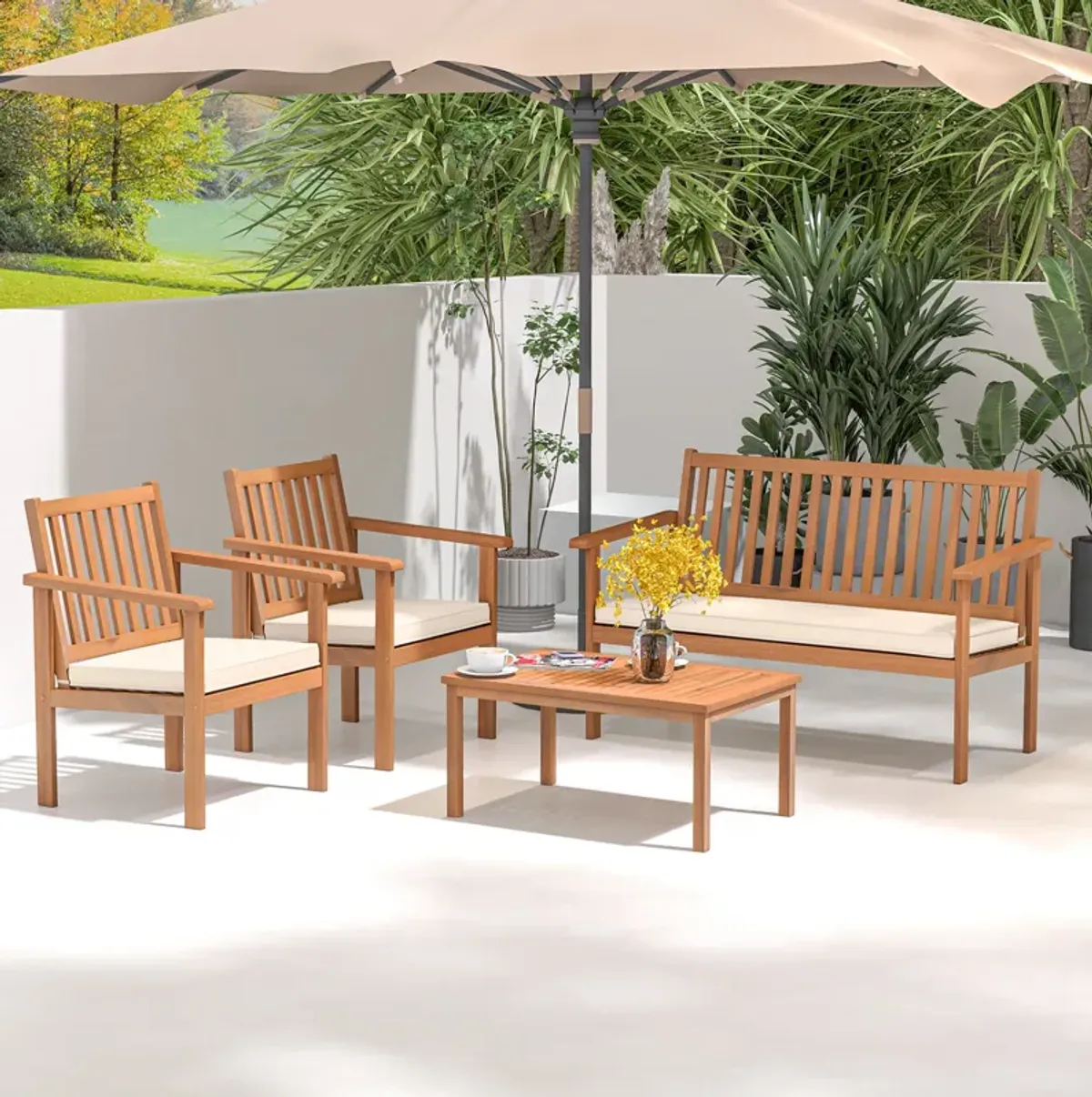 4 Piece Patio Wood Furniture Set Acacia Wood Sofa Set with Loveseat