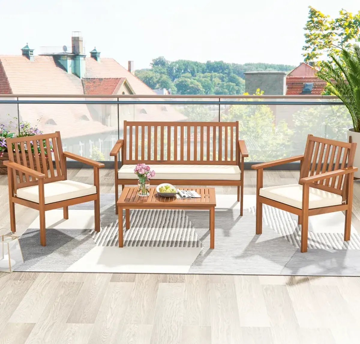 4 Piece Patio Wood Furniture Set Acacia Wood Sofa Set with Loveseat