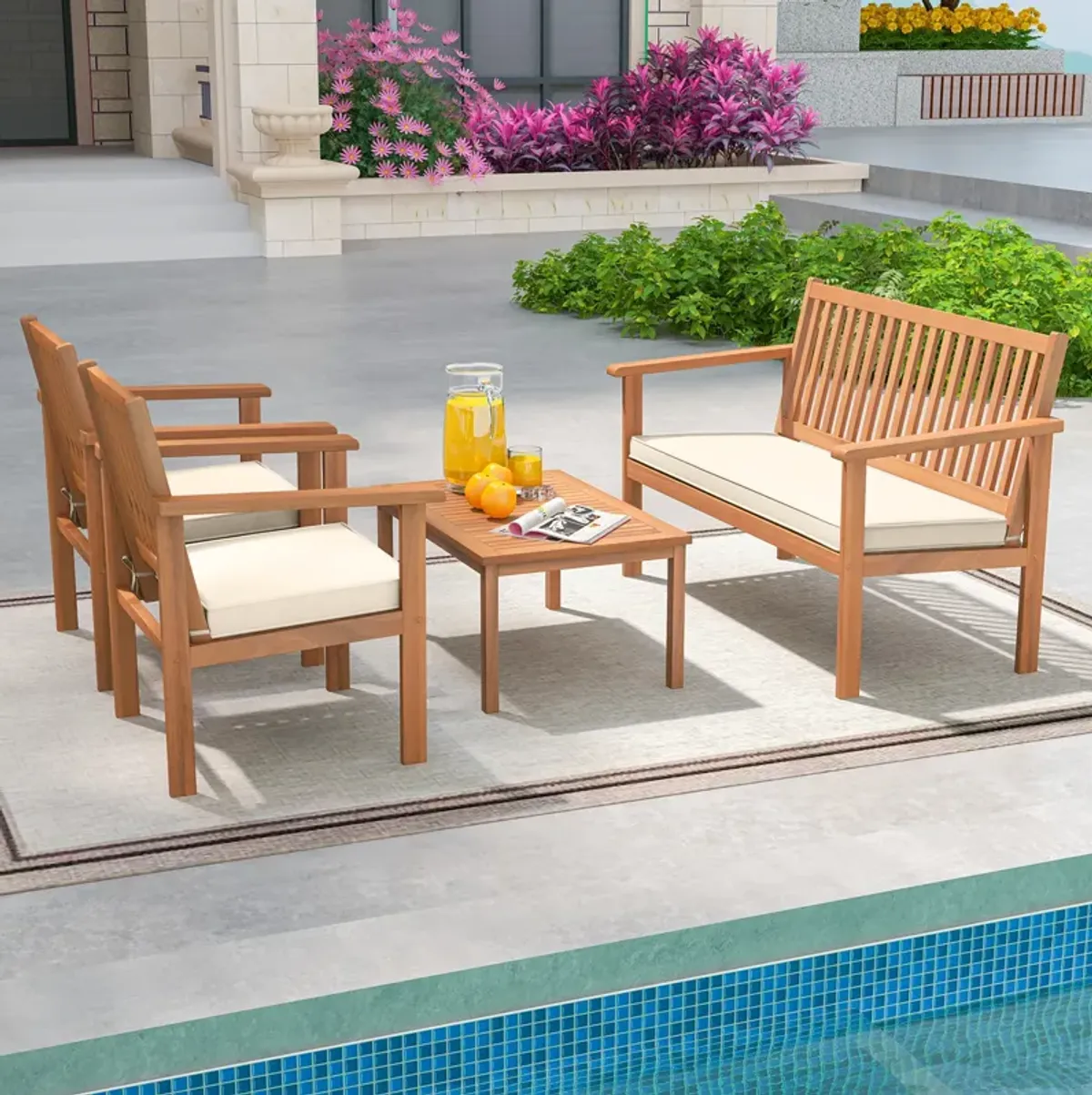 4 Piece Patio Wood Furniture Set Acacia Wood Sofa Set with Loveseat