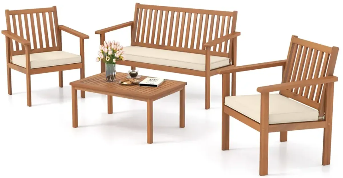 4 Piece Patio Wood Furniture Set Acacia Wood Sofa Set with Loveseat