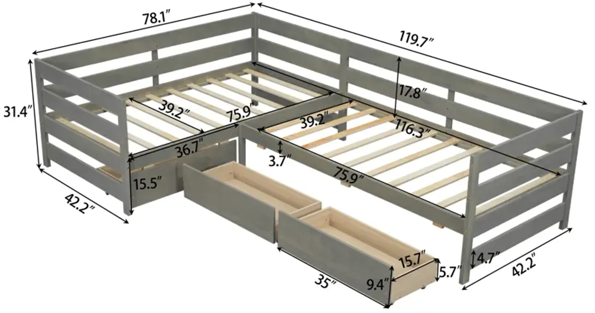 Merax L-shaped Platform Bed with 3 Storage Drawers