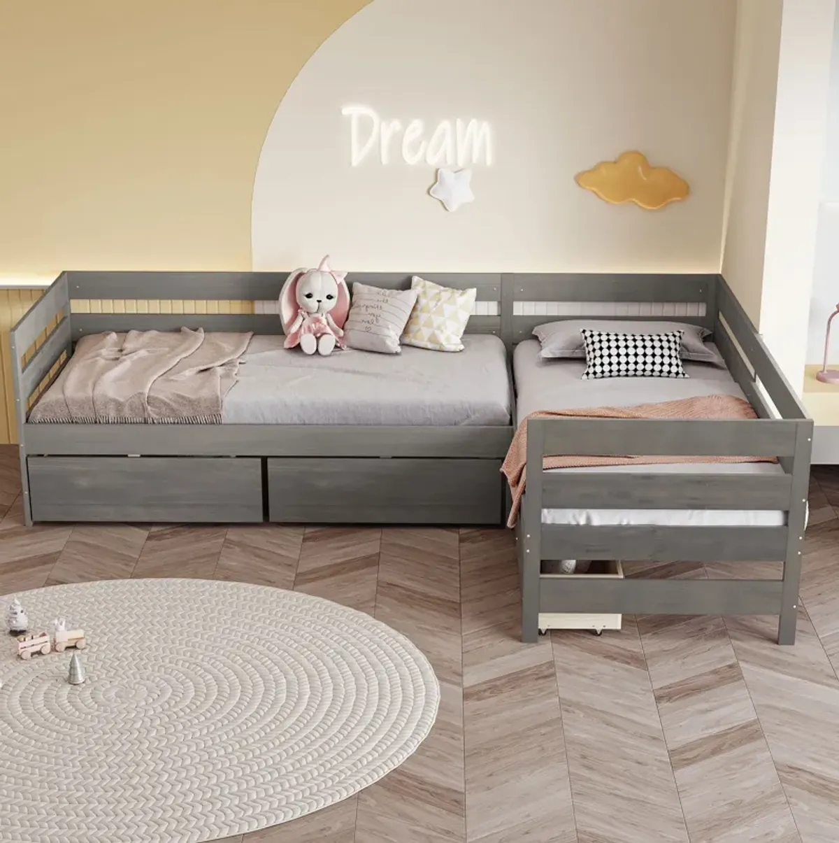Merax L-shaped Platform Bed with 3 Storage Drawers