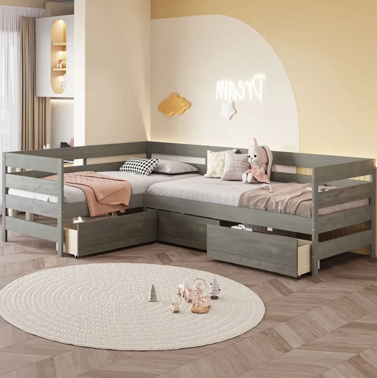 Merax L-shaped Platform Bed with 3 Storage Drawers