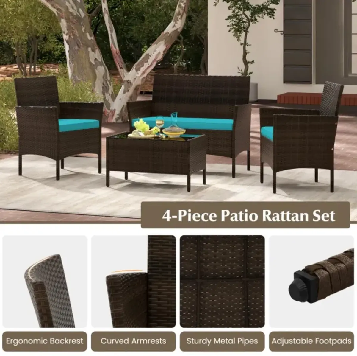 Hivvago 4 Piece Patio Rattan Conversation Set with Cozy Seat Cushions