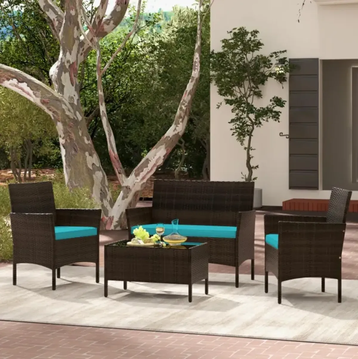 Hivvago 4 Piece Patio Rattan Conversation Set with Cozy Seat Cushions