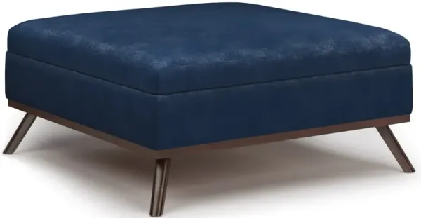 Owen Square Coffee Table Storage Ottoman in Distressed Dark Blue Faux Leather