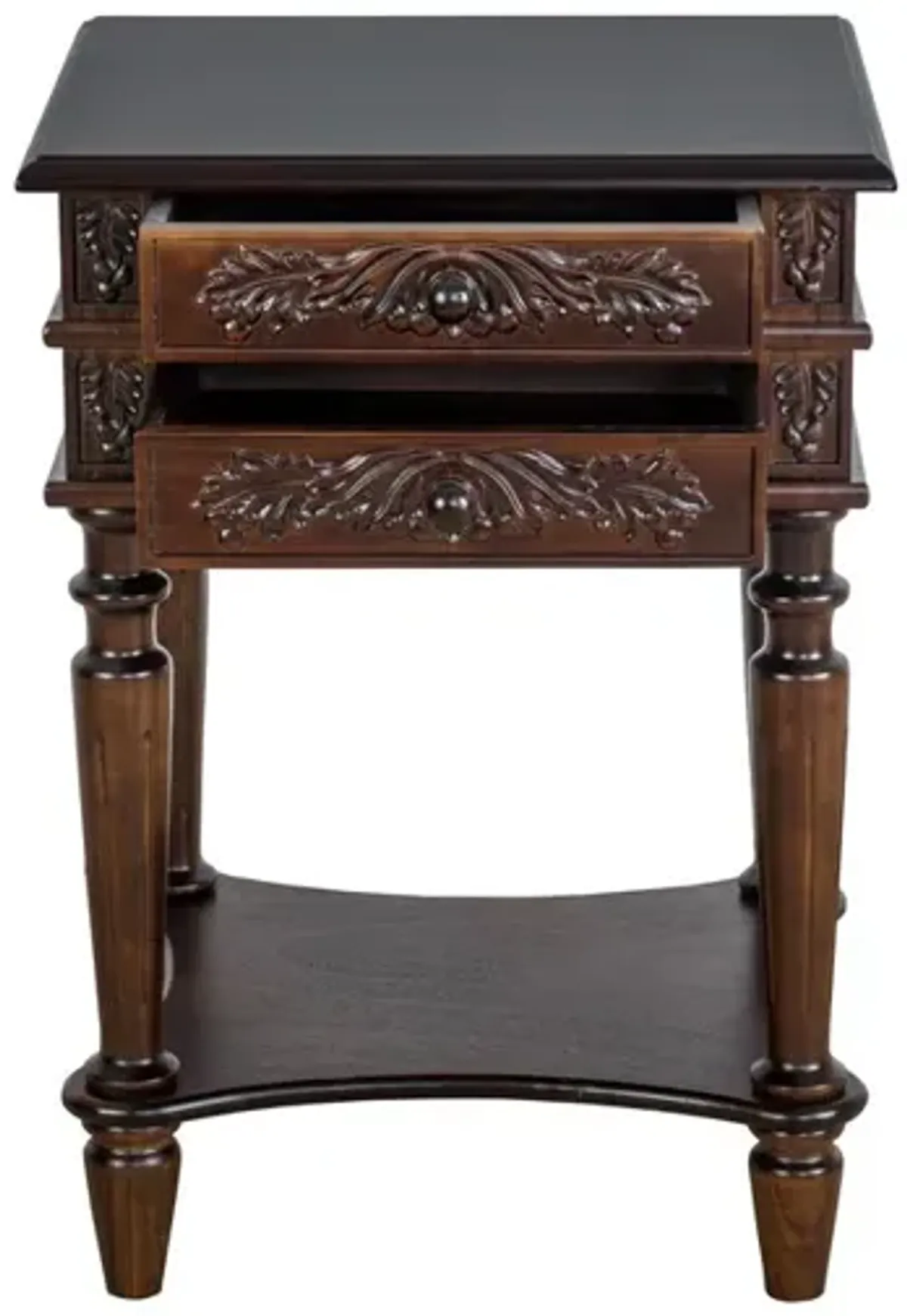 2 Drawer End Table with Intricate Carvings and Open Bottom Shelf, Brown-Benzara