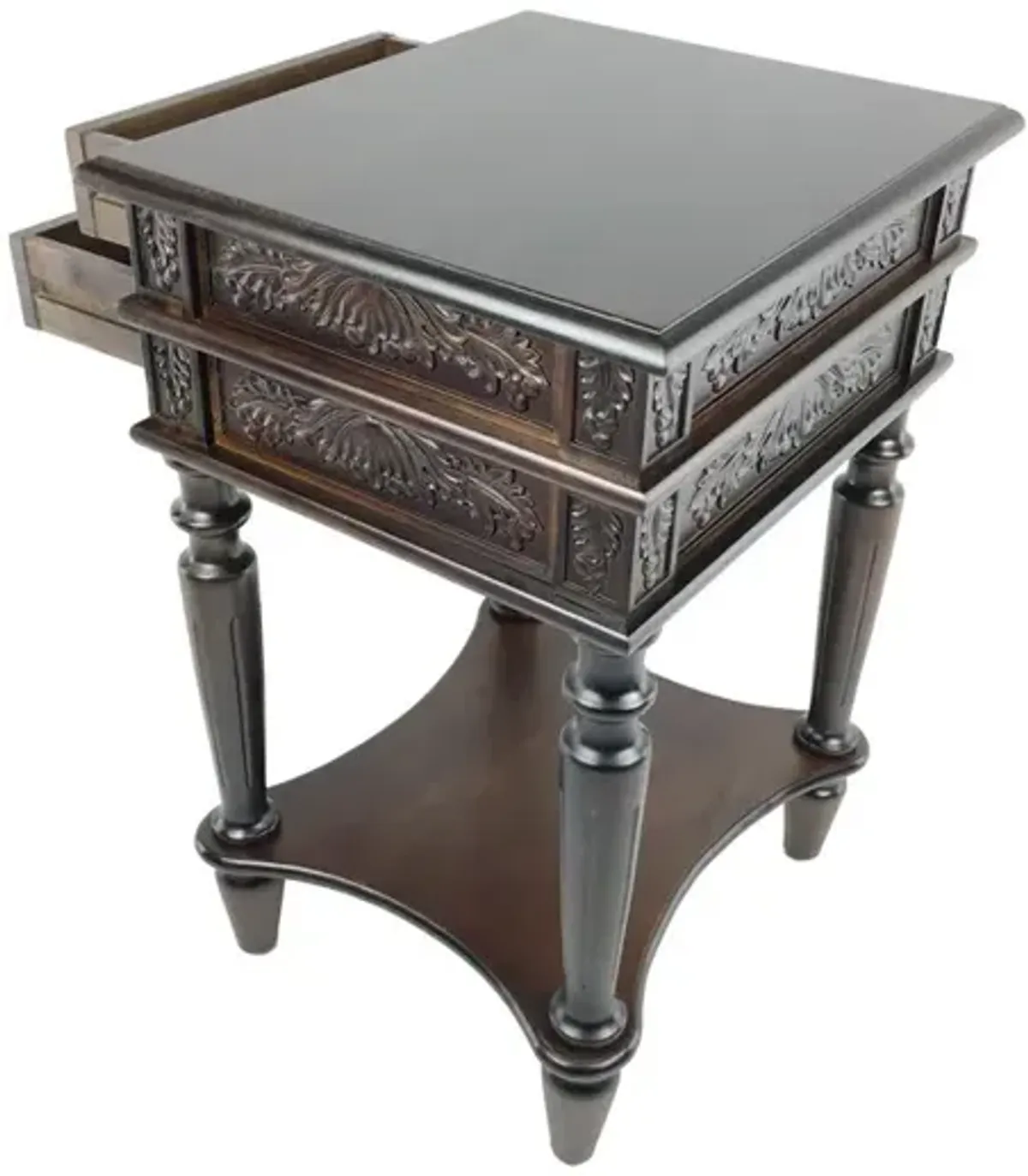 2 Drawer End Table with Intricate Carvings and Open Bottom Shelf, Brown-Benzara