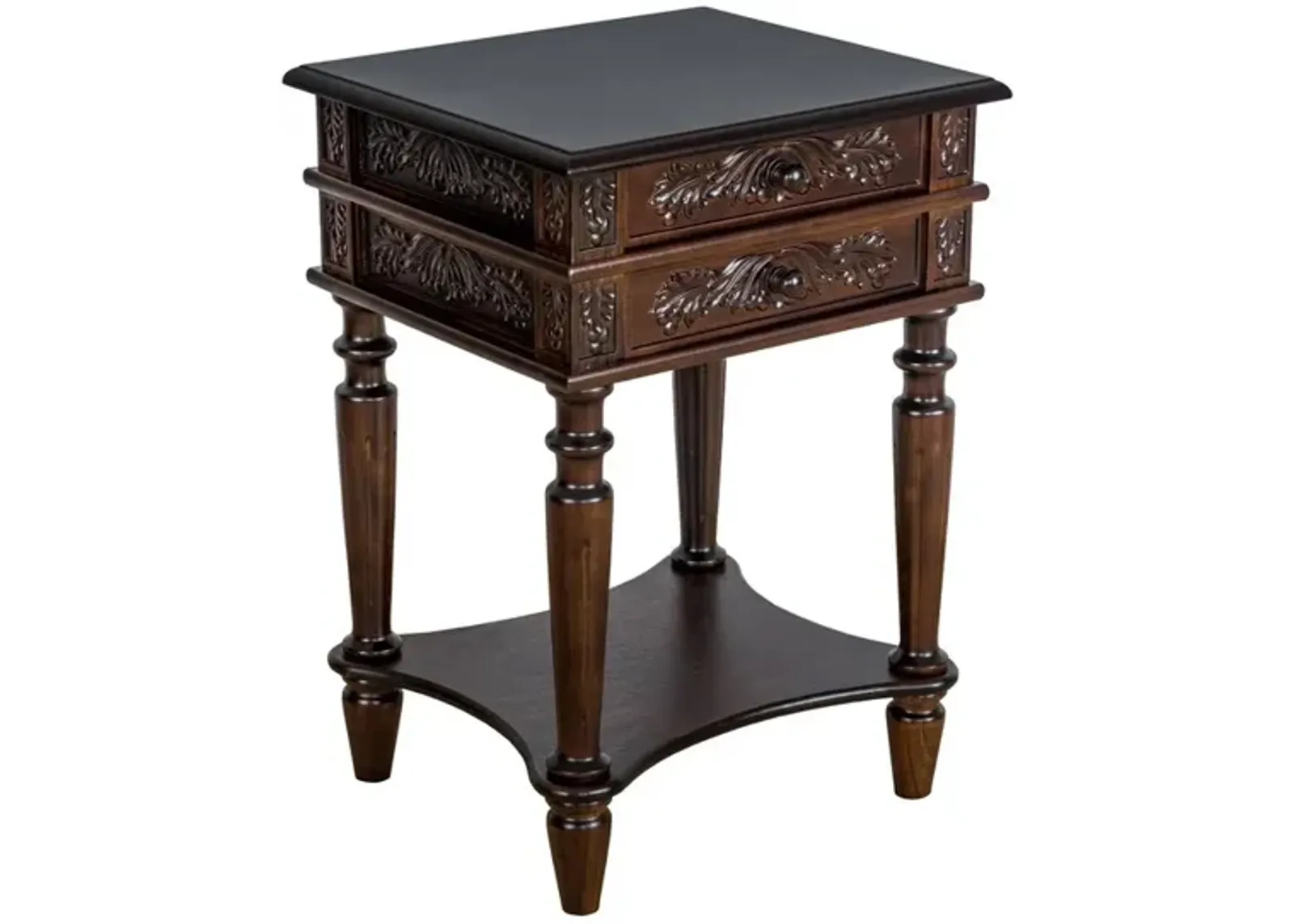 2 Drawer End Table with Intricate Carvings and Open Bottom Shelf, Brown-Benzara