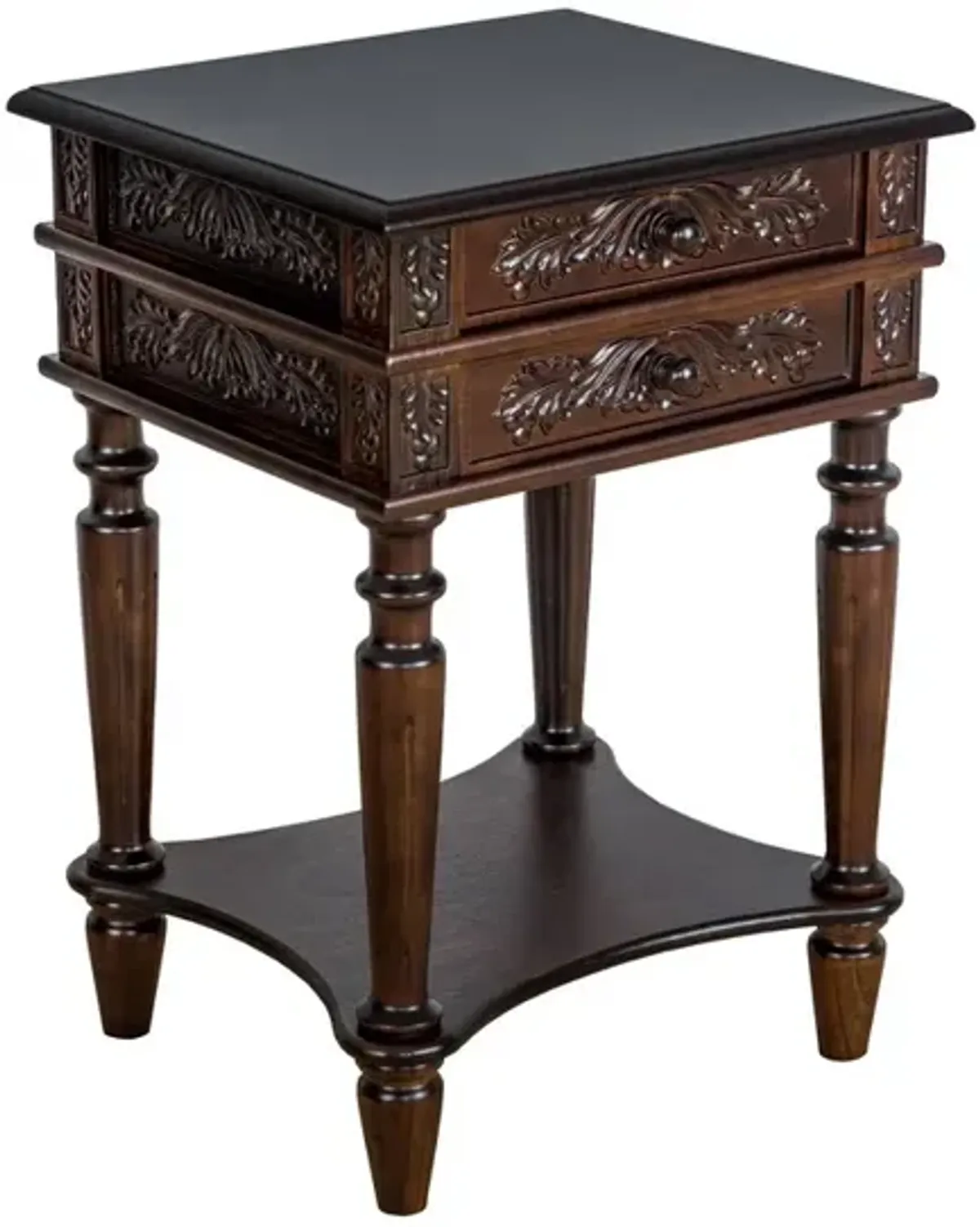 2 Drawer End Table with Intricate Carvings and Open Bottom Shelf, Brown-Benzara