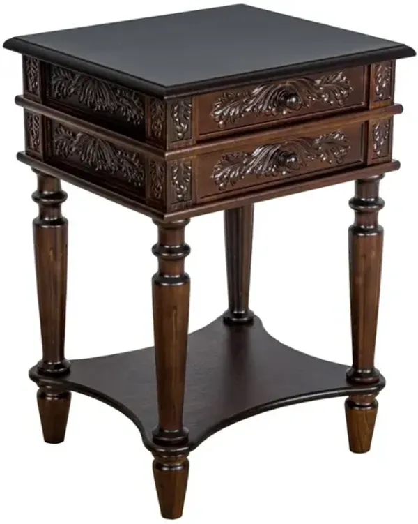 2 Drawer End Table with Intricate Carvings and Open Bottom Shelf, Brown-Benzara