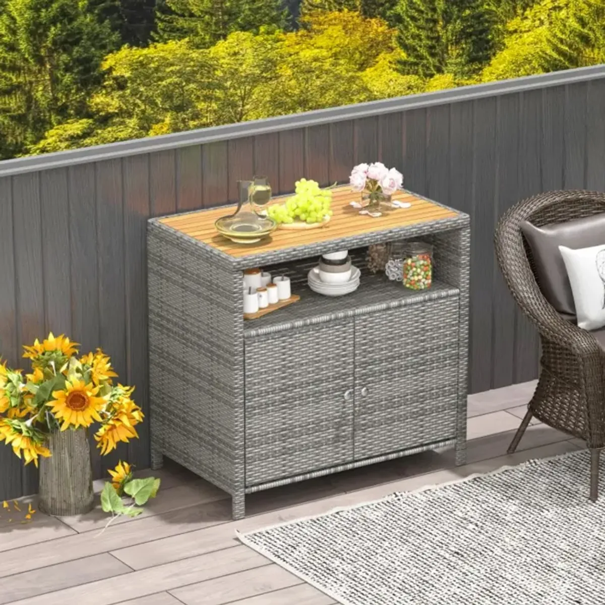 Hivvago Rattan Storage Cabinet with Acacia Wood Countertop for Poolside Deck and Patio