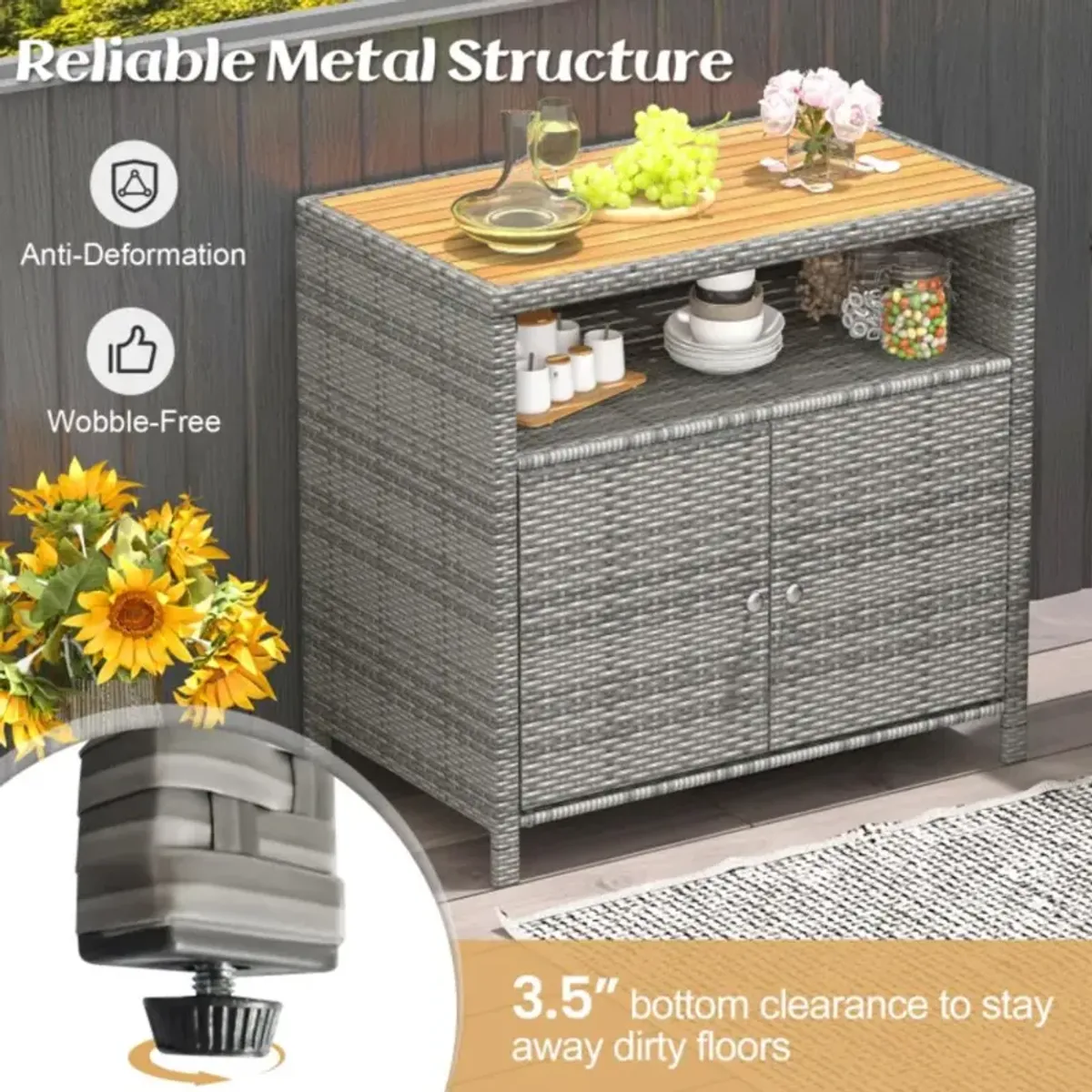 Hivvago Rattan Storage Cabinet with Acacia Wood Countertop for Poolside Deck and Patio