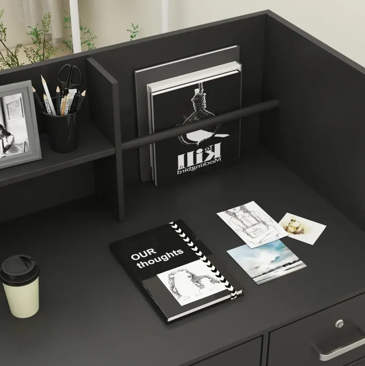 47.2 in. Rectangle Black Wooden Desk with 3-Drawers, Cabinet and Shelves