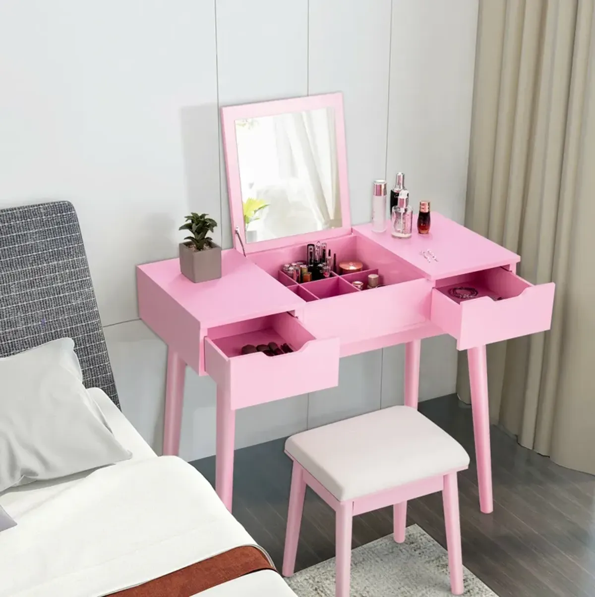 Makeup Vanity Table Set with Flip Top Mirror and 2 Drawers