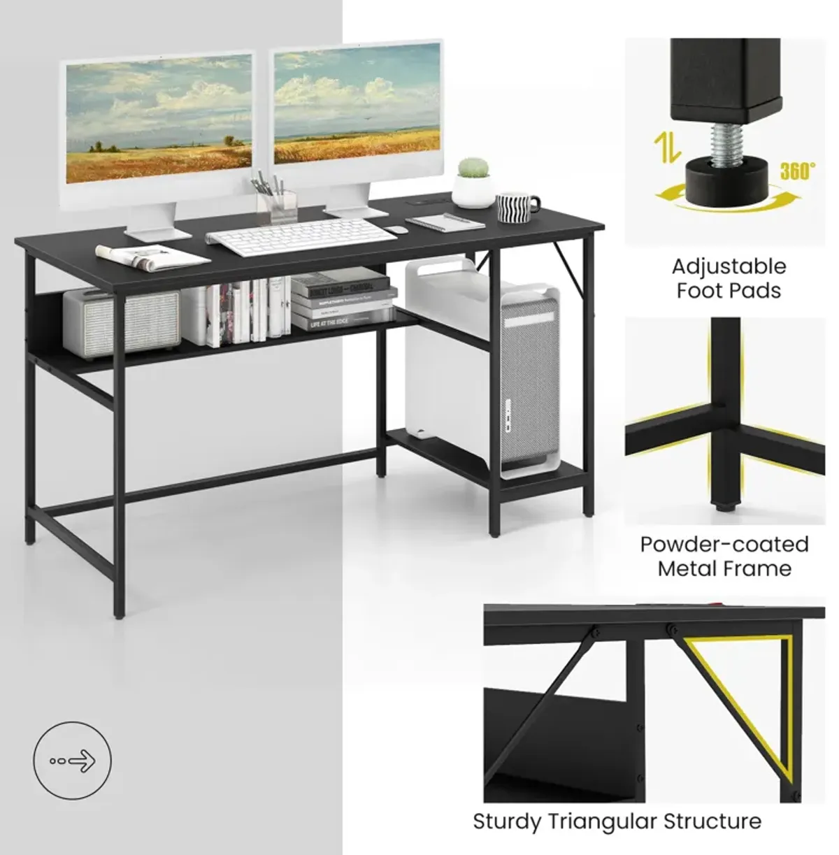 Costway 55'' Computer Desk w/ Charging Station Home Office PC Desk w/ 4 Power Outlets Black