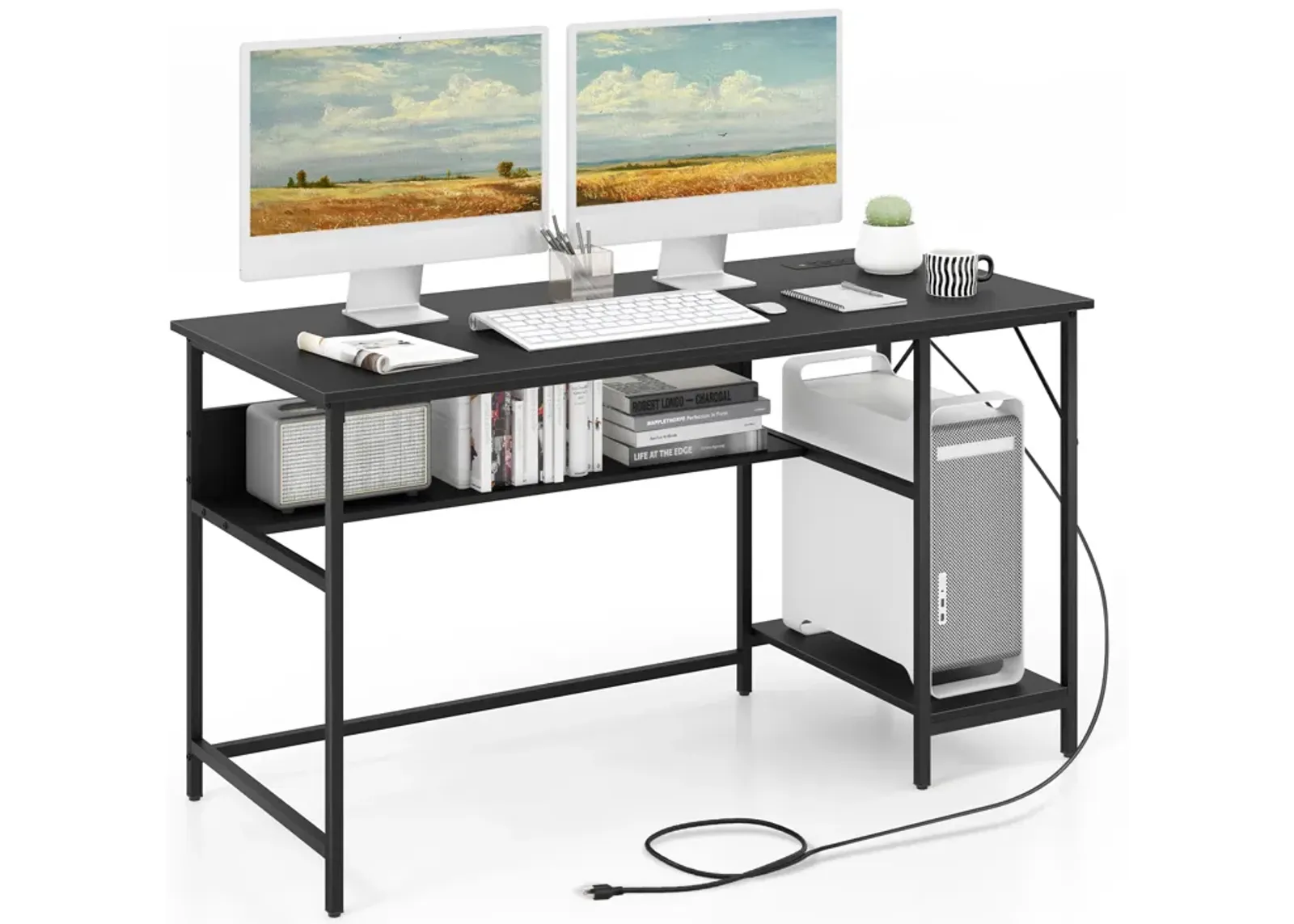 Costway 55'' Computer Desk w/ Charging Station Home Office PC Desk w/ 4 Power Outlets Black