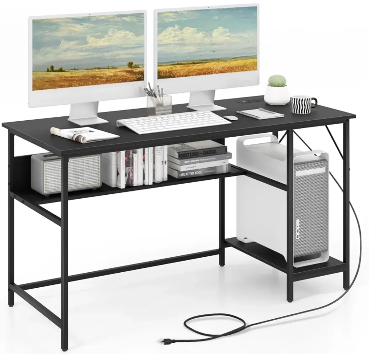 Costway 55'' Computer Desk w/ Charging Station Home Office PC Desk w/ 4 Power Outlets Black